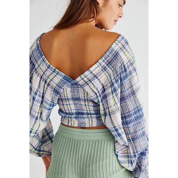 Free People Marlena Plaid Crop Smocked Oversized Sleeve Top Size XS - Picture 2 of 8
